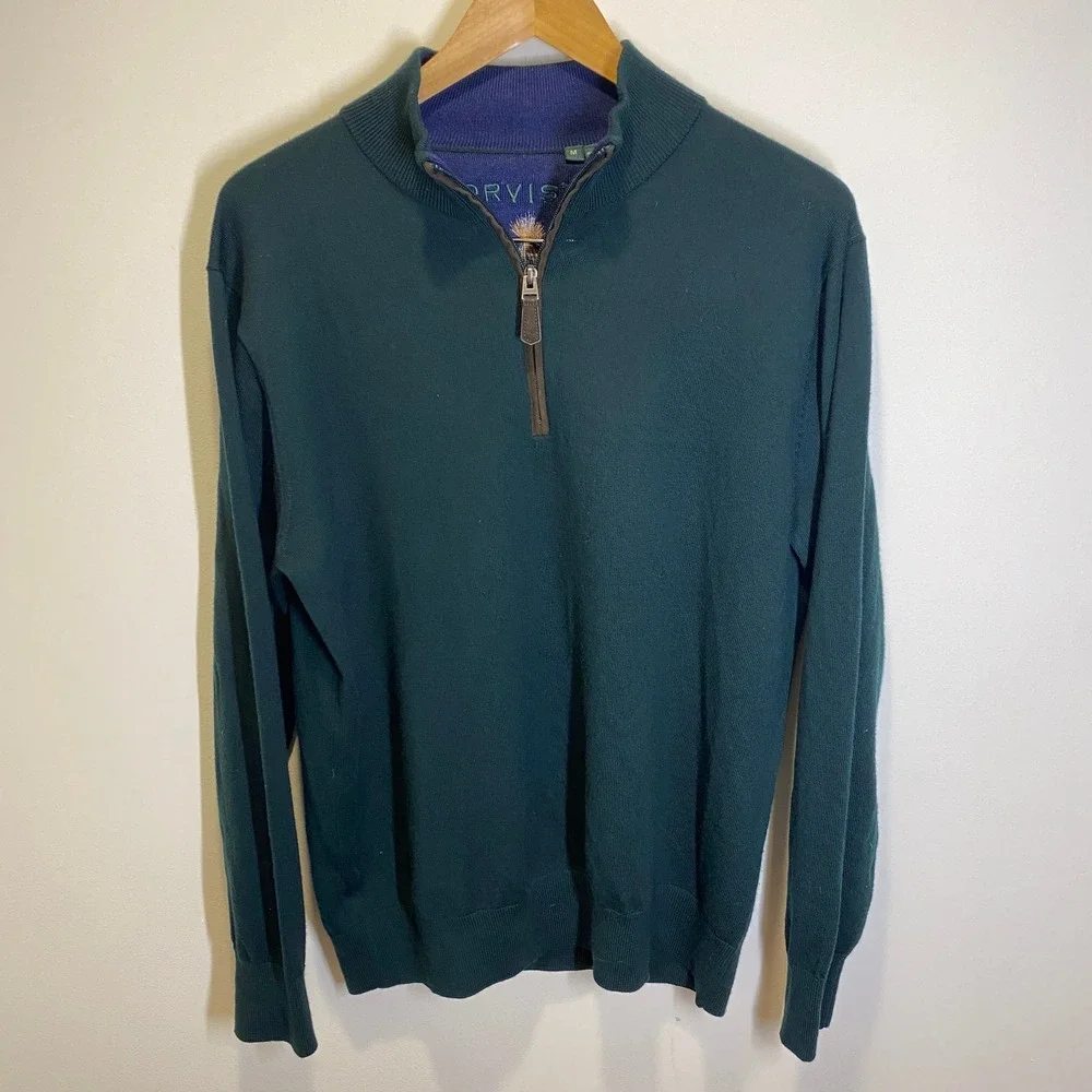 Orvis Pullover Sweater Mens M Green Merino Wool Quarter Zip Fly Fishing